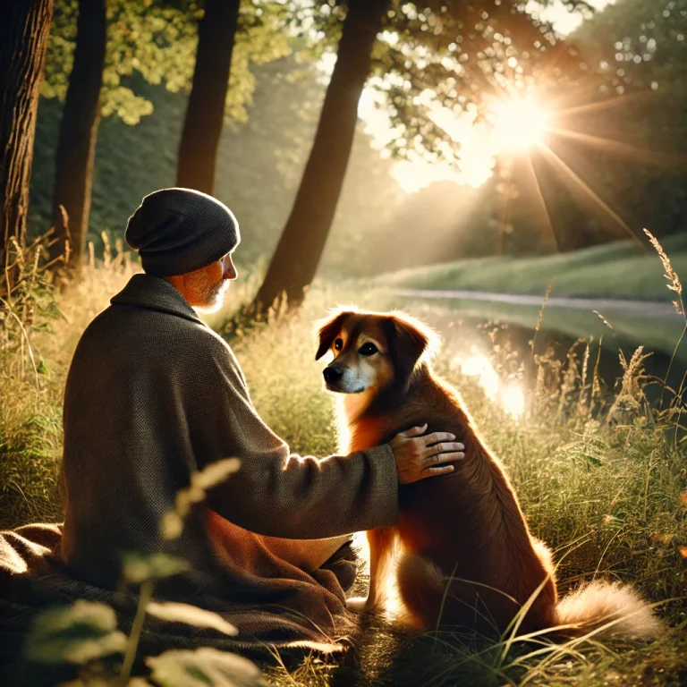 Dog training with trust—A person and their dog sitting peacefully in nature, demonstrating calm communication and connection